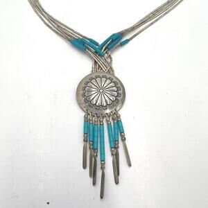 Vintage Sterling Silver Native American Style Turquoise Beaded Necklace